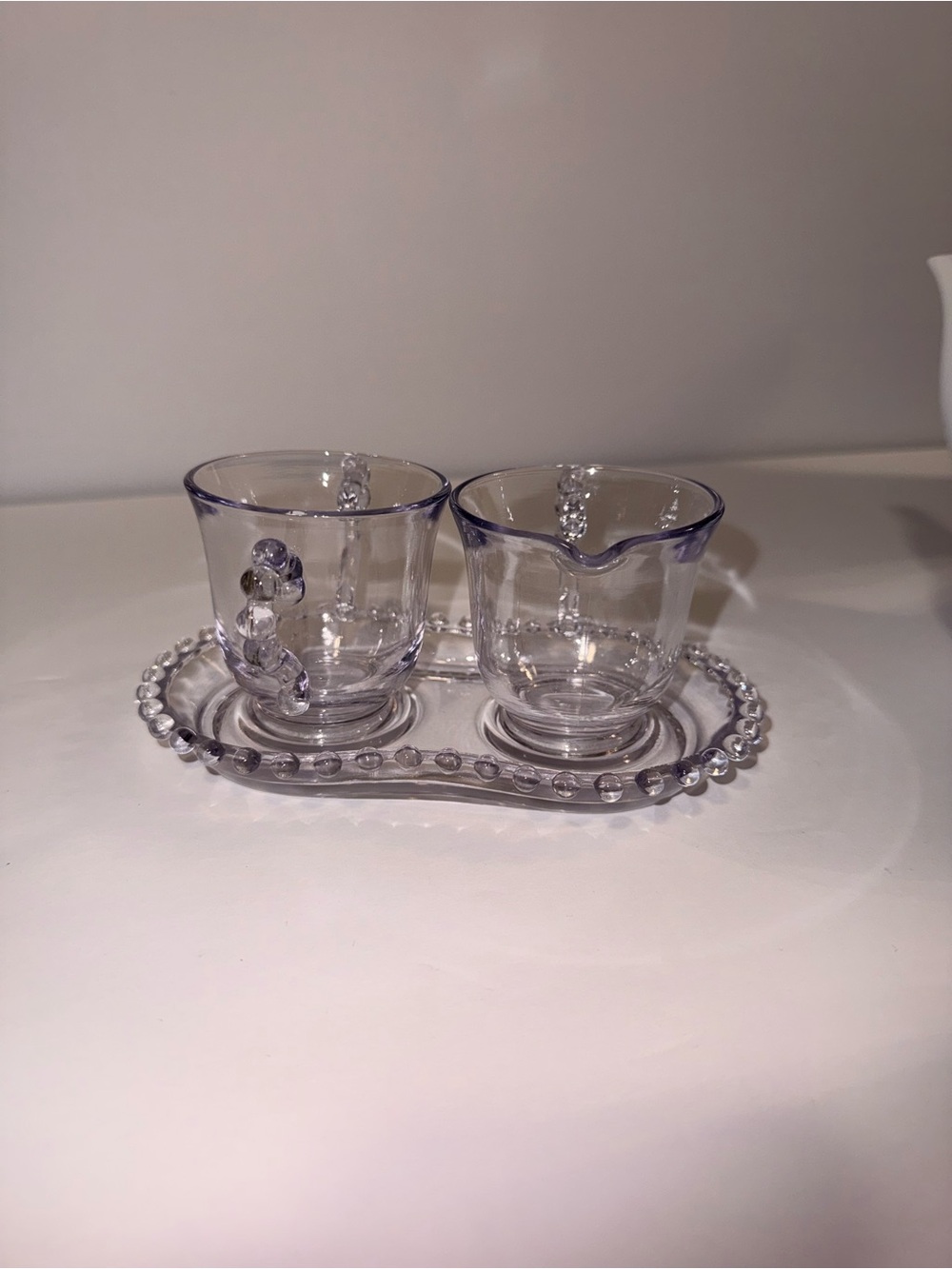 Imperial Glass Creamer and Sugar Set with Beaded Tray